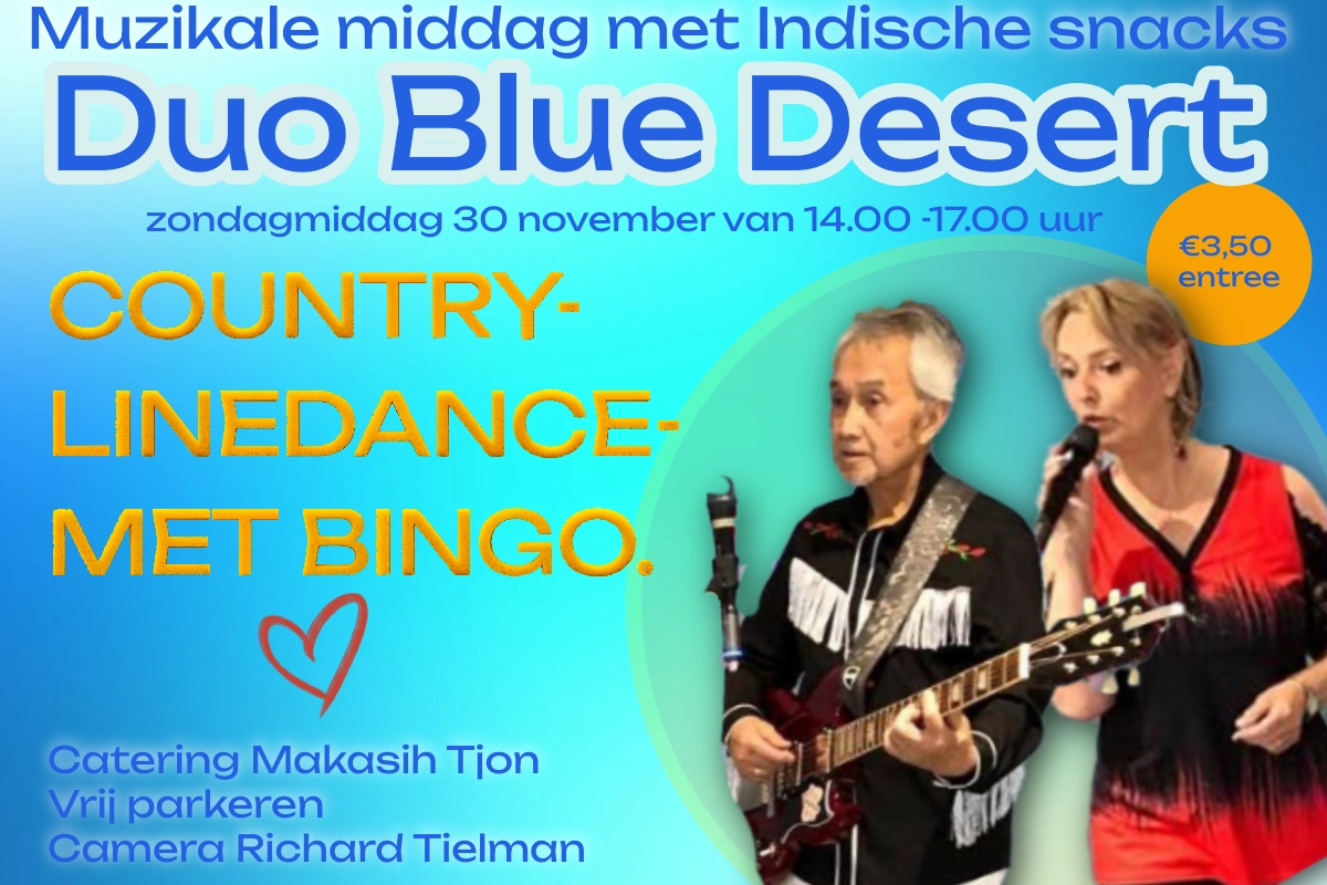 Afbeelding van de zanger en zangeres, informatoe over aanvangstijd(15.00 uur) en de entreeprijs (€3,50)